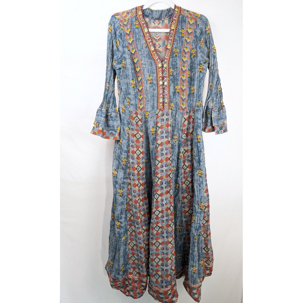 Y2K Embroidered Peasant Maxi Dress Size M Blue Ren Faire Boho Cottagecore Tribal - Picture 2 of 9